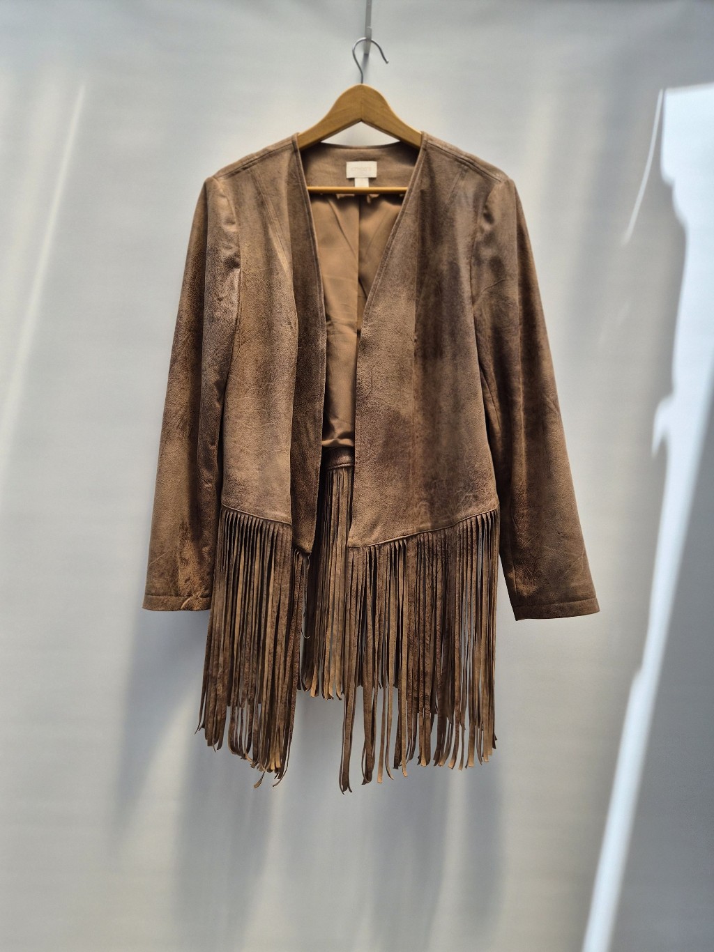 Chico’s Bohemian Tan Faux Leather Fringe Boho Southwestern Cowgirl Jacket